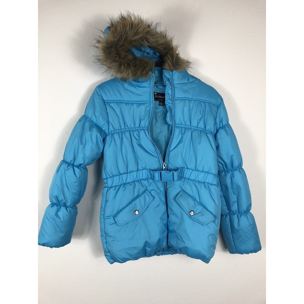 S. Rothschild Girl's aqua blue Belted Puffer Coat Faux Fur Trim XL Size 16